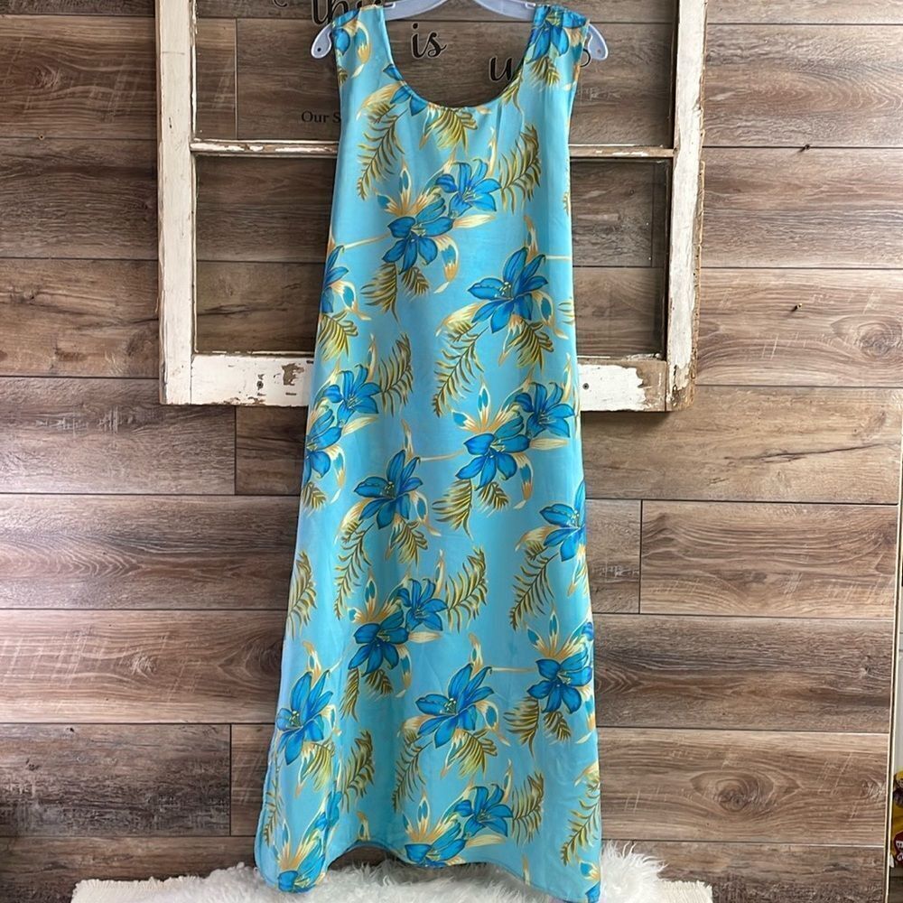 Looking Good Floral Midi Dress Hawaiian Style Sleeveless Size L Teal